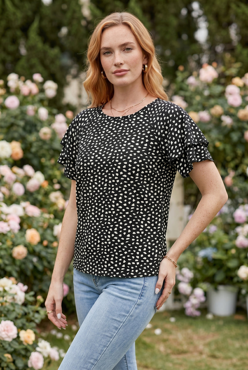 Black Printed Ruffled Short Sleeve Top – photo 4