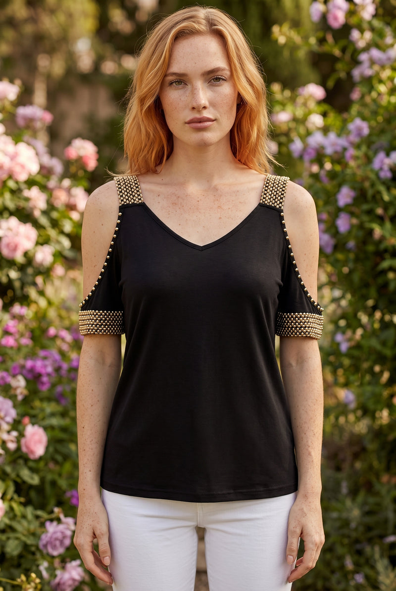 Embellished V Neck Off Shoulder Top in black – photo 5