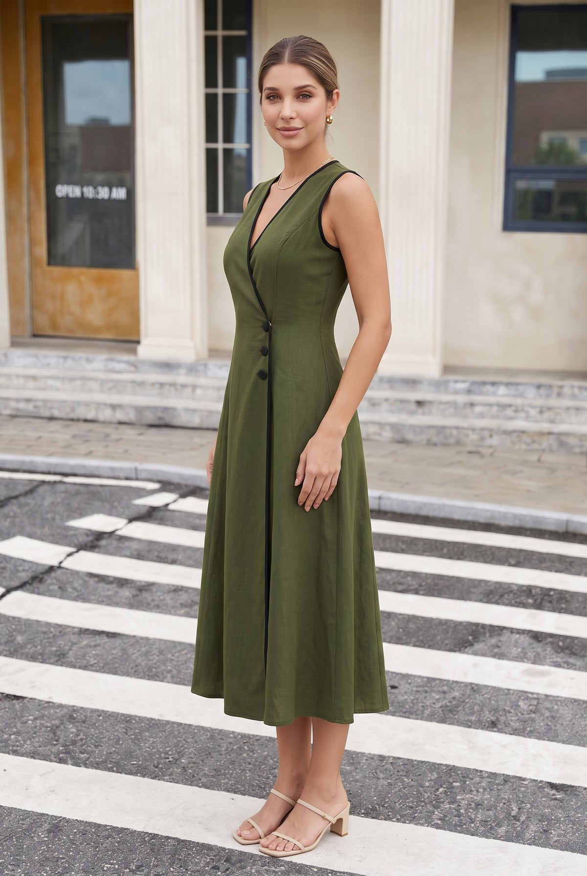 Sleeveless Linen Wrap Midi Dress with Contrast Piping in green – photo 3