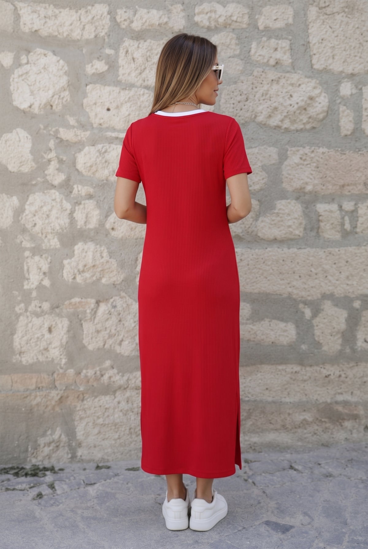 Short Sleeve Viscose Long Dress with Slit in red – photo 4