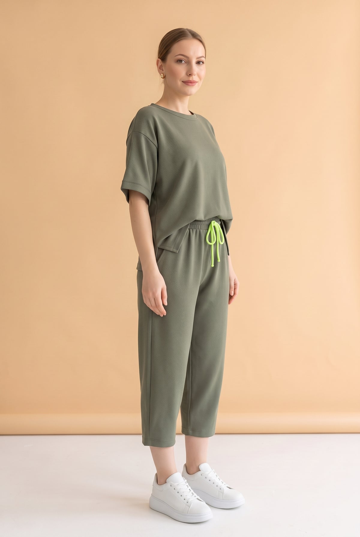 Short Sleeve Crew Neck Viscose Co-ord Set in khaki – photo 3