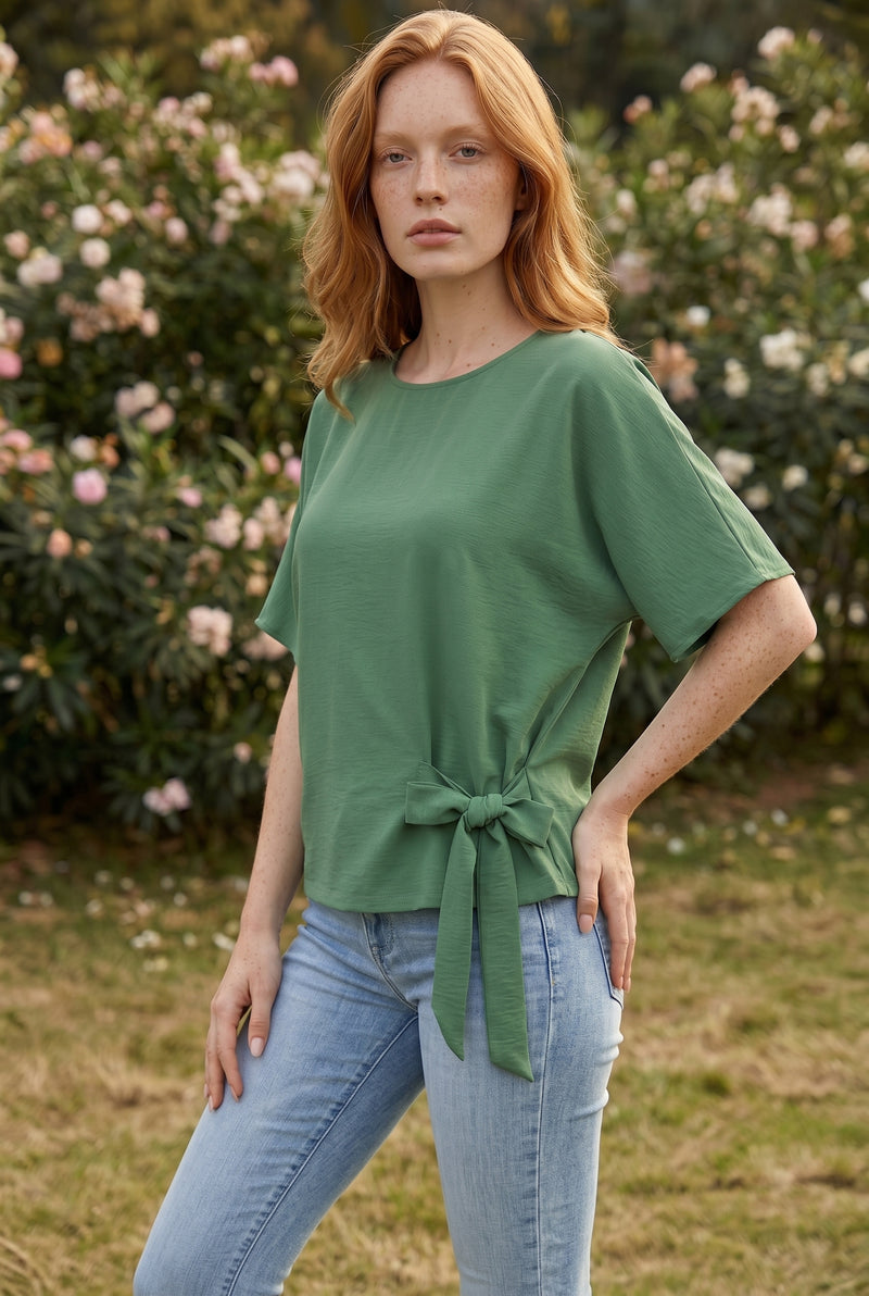 Short Sleeve Round Neck Tie Waist Linen Blend Top in green – photo 4