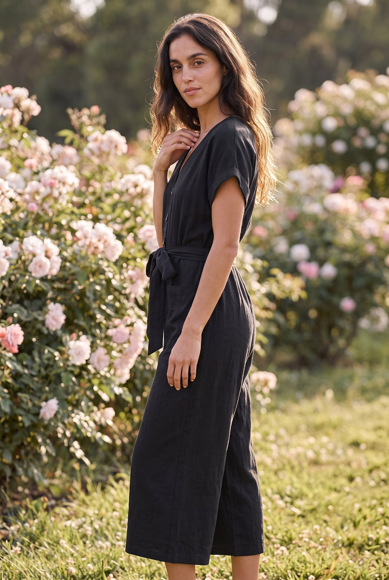 Short Sleeve V Neck Wide Leg Jumpsuit in black – photo 2