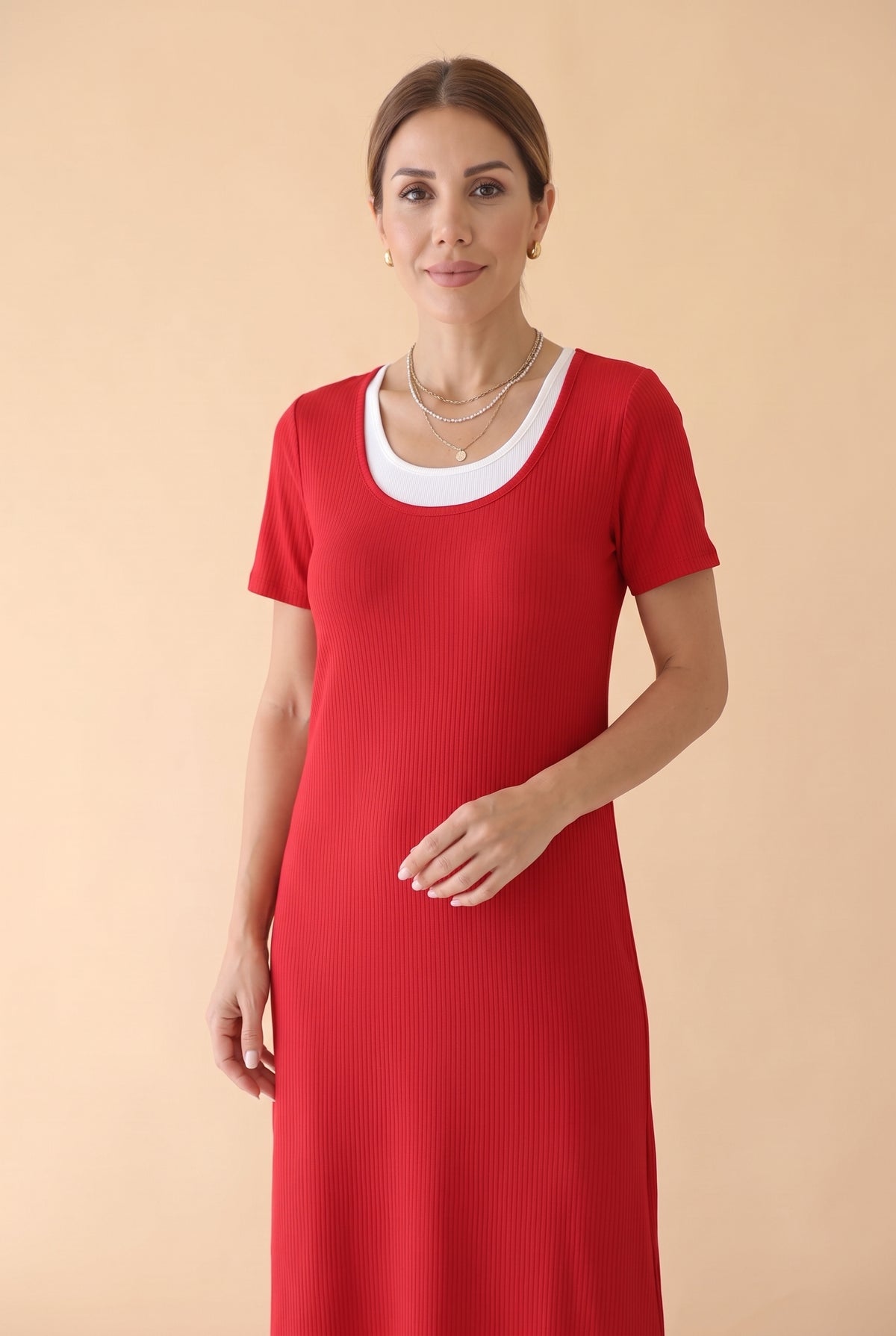 Short Sleeve Viscose Long Dress with Slit in red – photo 5