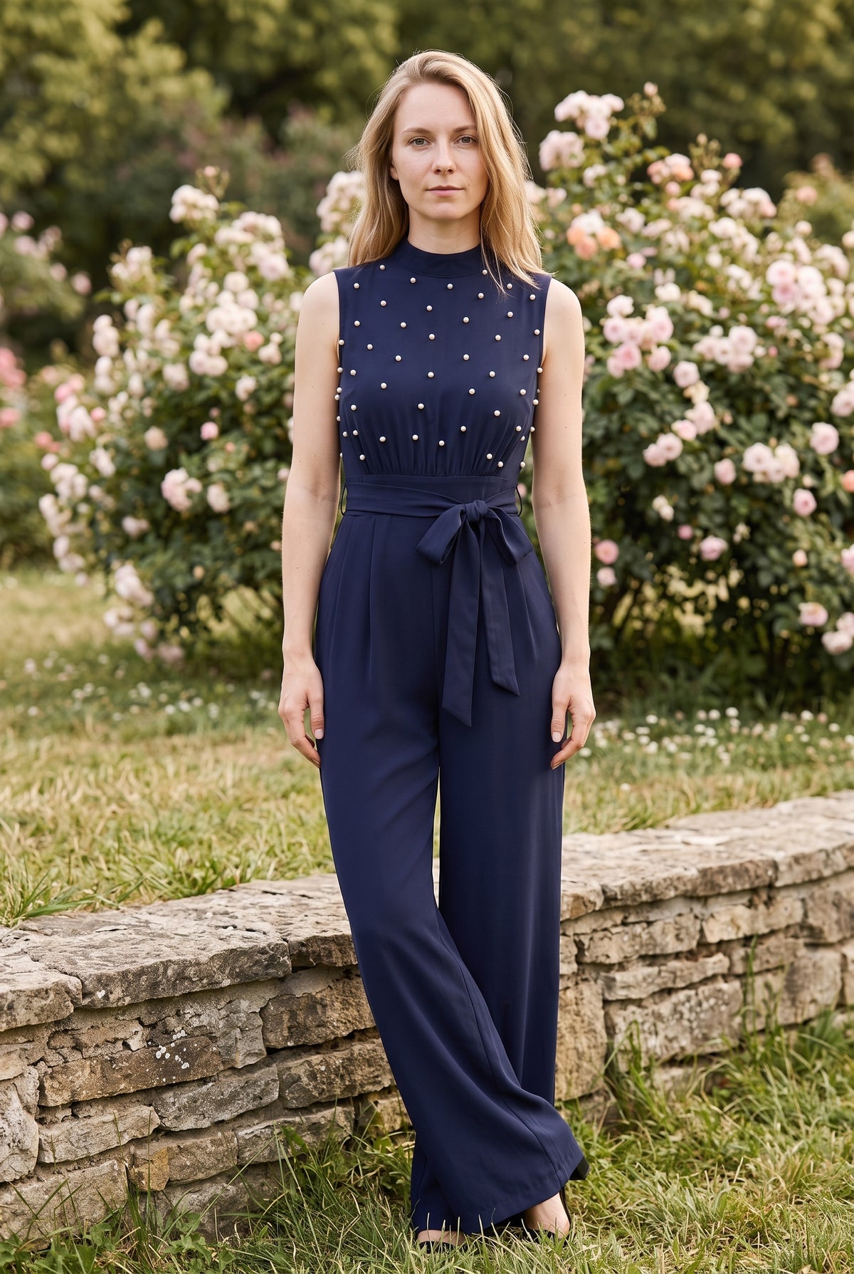 Ärmelloser Rollkragen Jumpsuit mit Weitem Bein in Marine