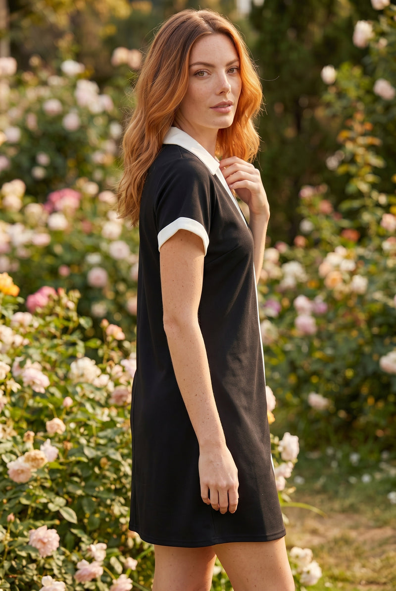 Robe courte à col et manches courtes, coloris noir – photo 3
