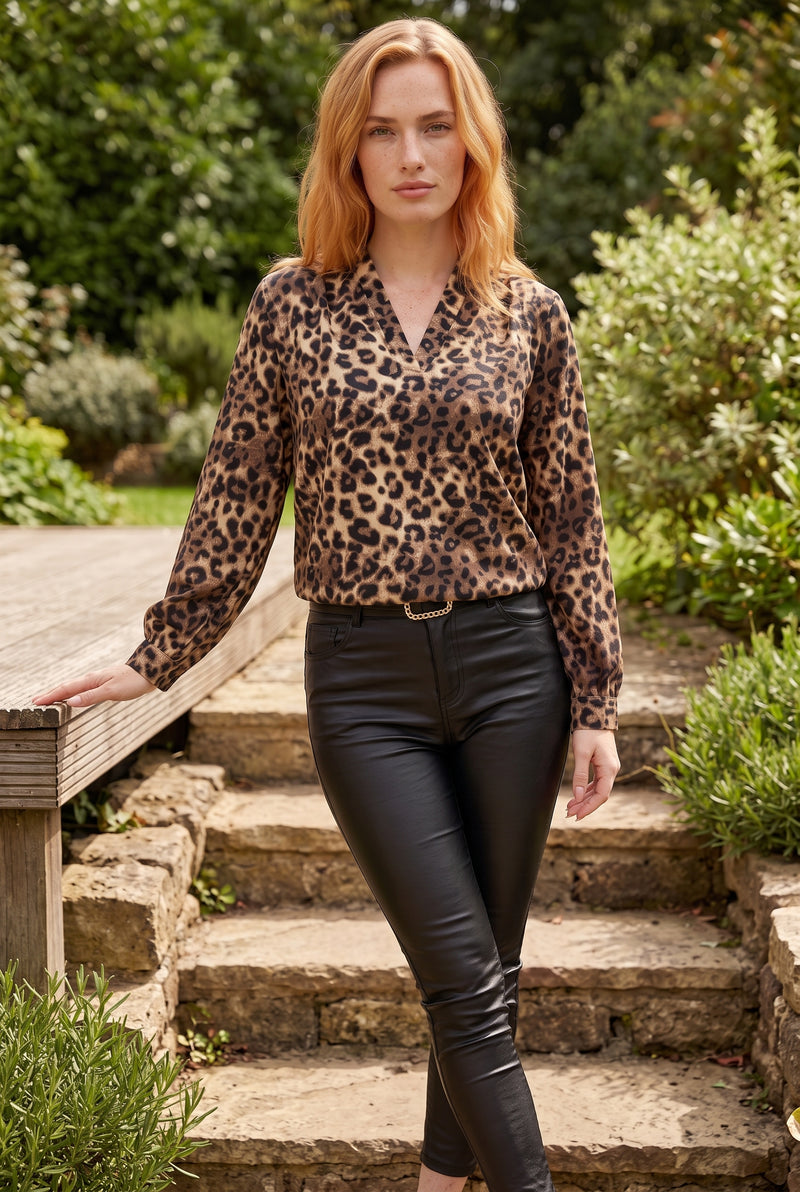 Leopard Print Long Sleeve V Neck Modal Top in blue