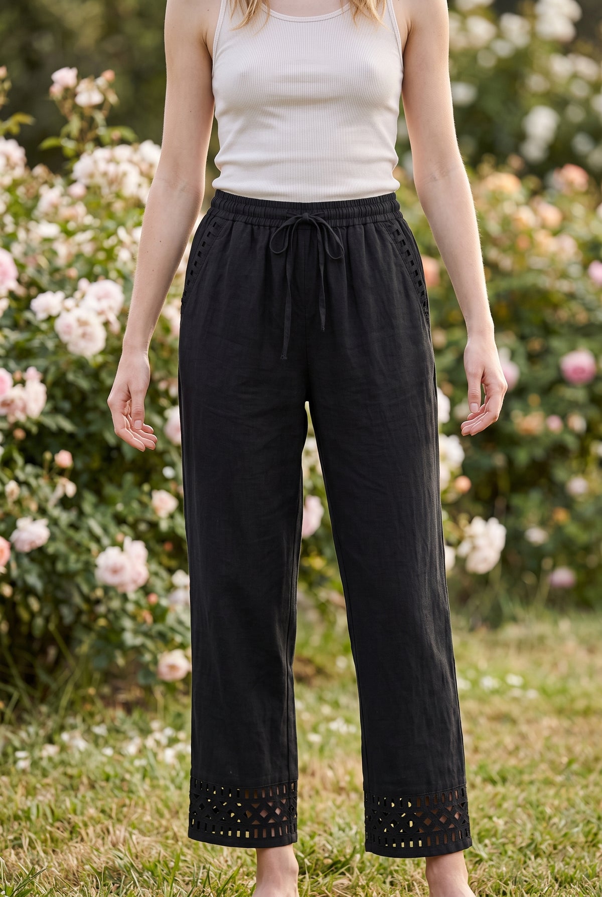 Black Elasticated Waist Linen Trousers with Lace Hem – photo 5