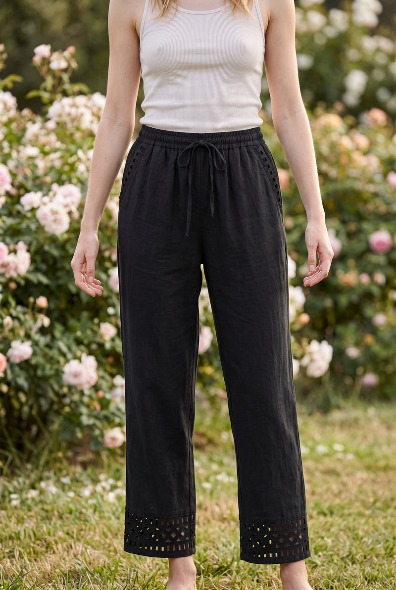 Black Elasticated Waist Linen Trousers with Lace Hem – photo 5