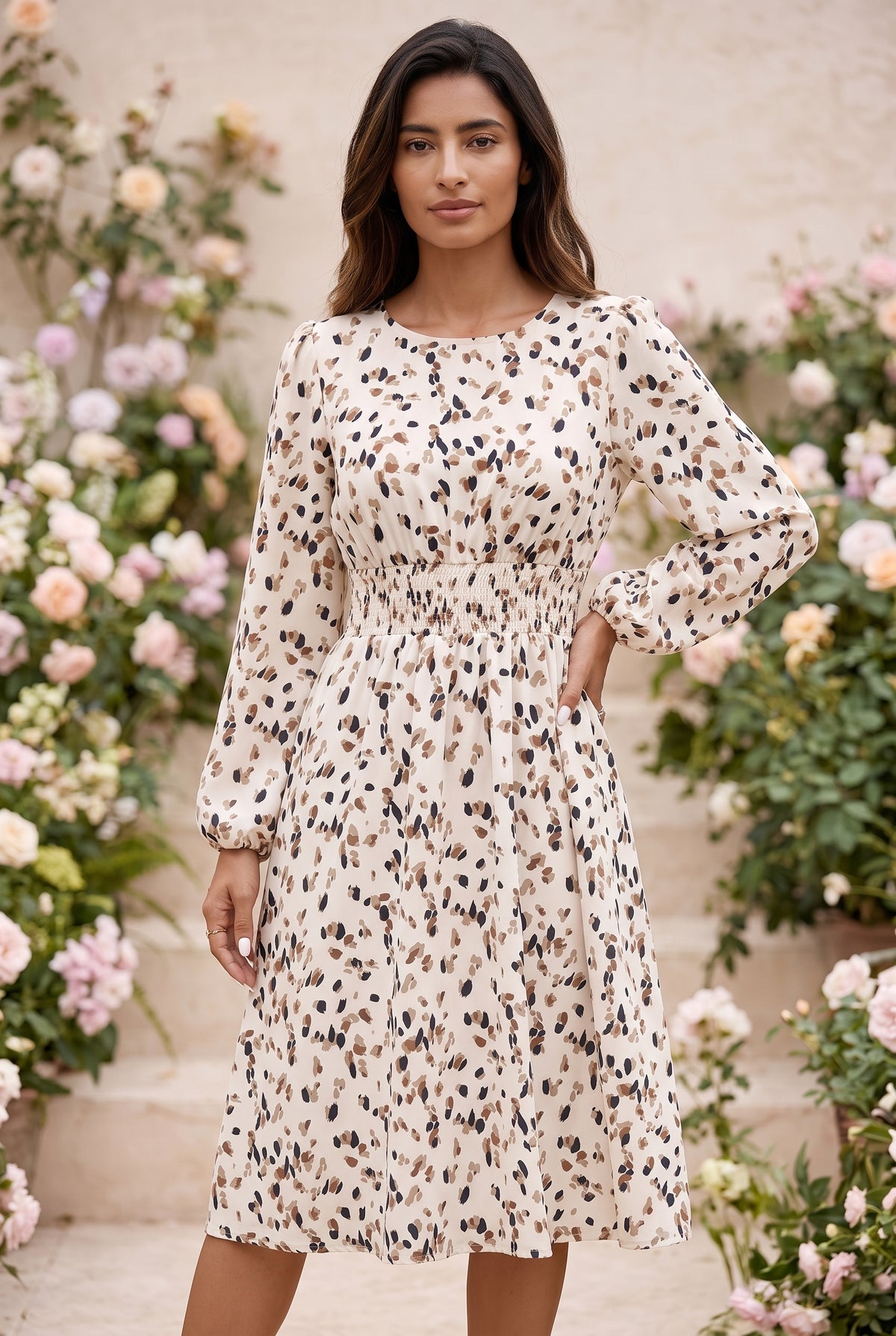Leopard Print Long Sleeve Midi Dress in beige – photo 4