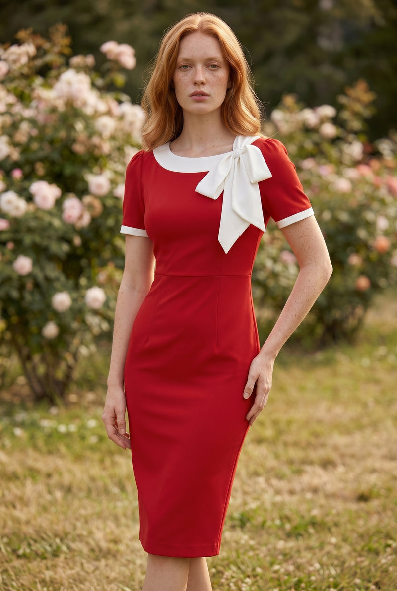 Kurzarm Midikleid aus Krepp mit Schleife in Rot – Foto 5