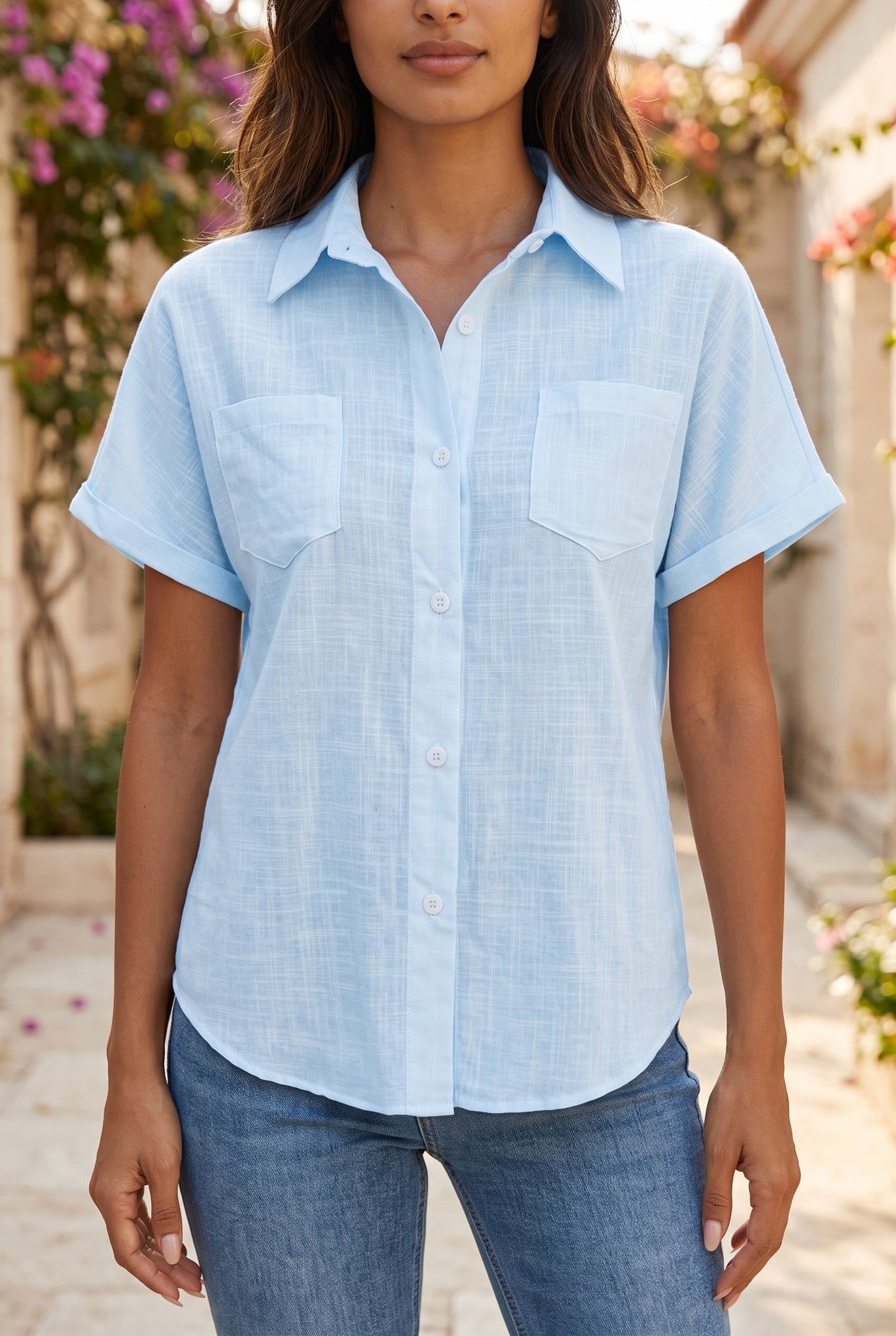 Short Sleeve Buttoned Shirt with Pockets in blue – photo 5