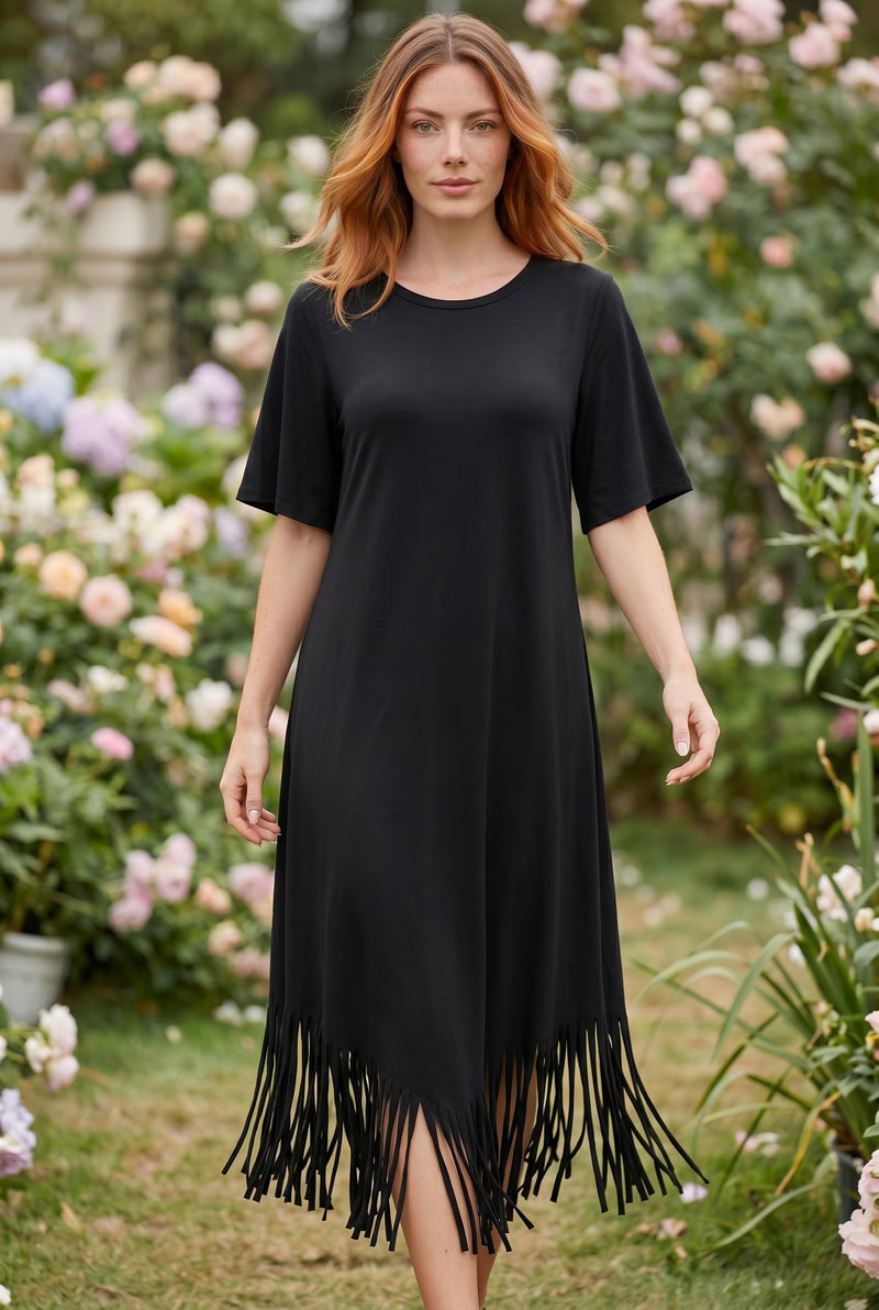 Kurzarm Midikleid mit Rundhalsausschnitt und Fransen in Schwarz – Foto 3