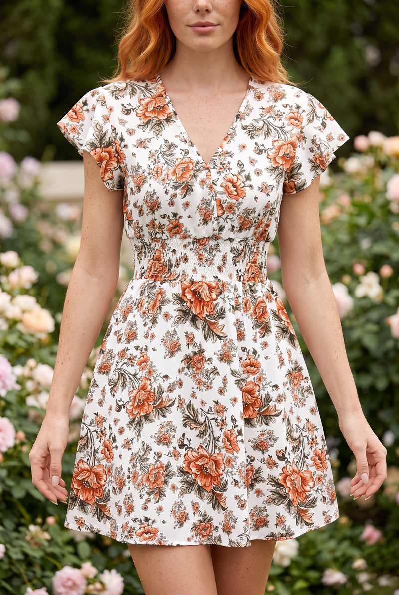 Floral Short Sleeve Smocked Mini Dress in patterned – photo 5