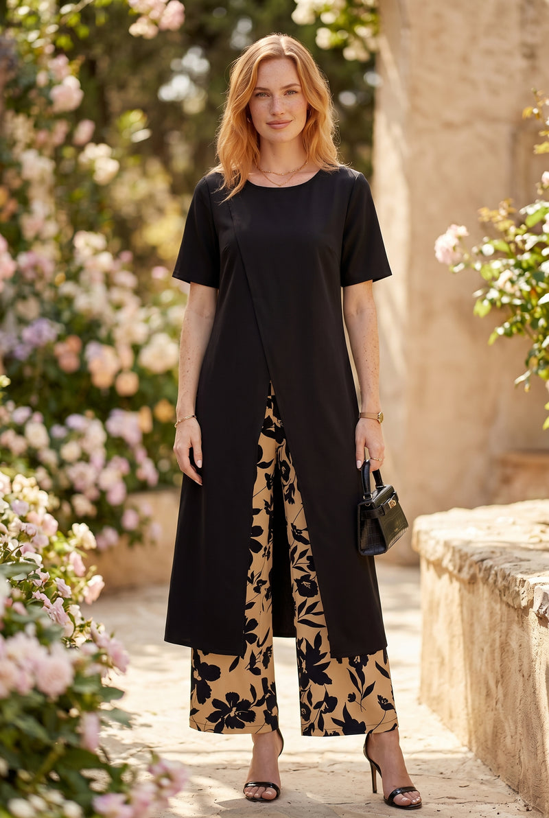 Black Short Sleeve Floral Wide Leg Co-ord Set – photo 4