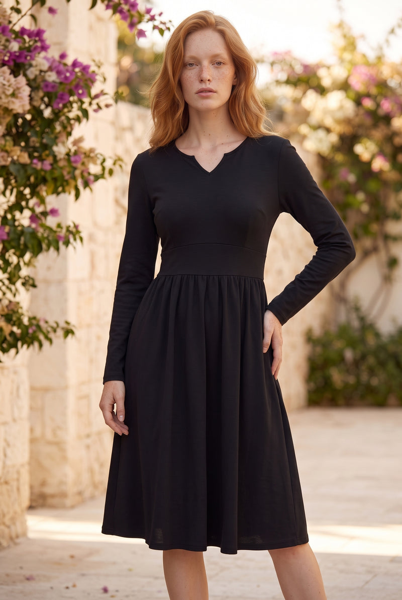 Robe midi en crêpe à manches longues et col V, coloris noir – photo 4