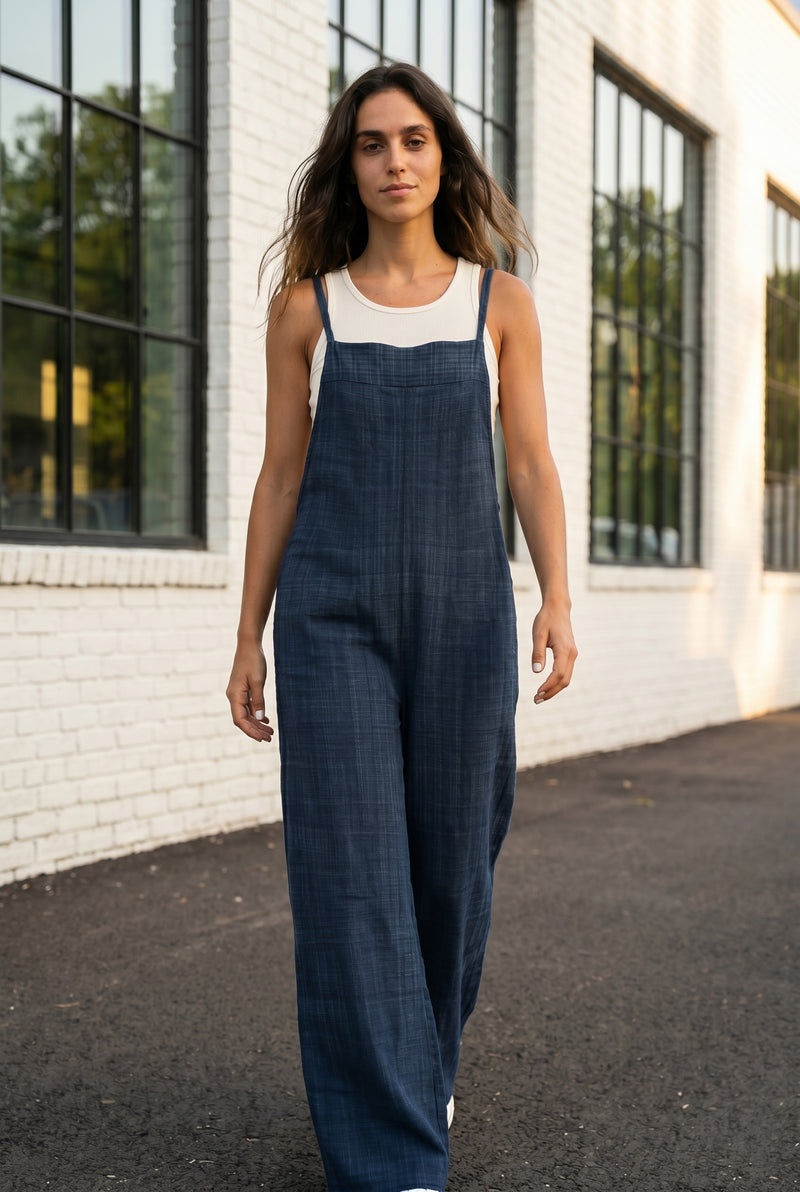 Wide Leg Strappy Linen Blend Jumpsuit in blue – photo 3