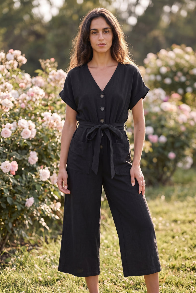 Short Sleeve V Neck Wide Leg Jumpsuit in black – photo 4
