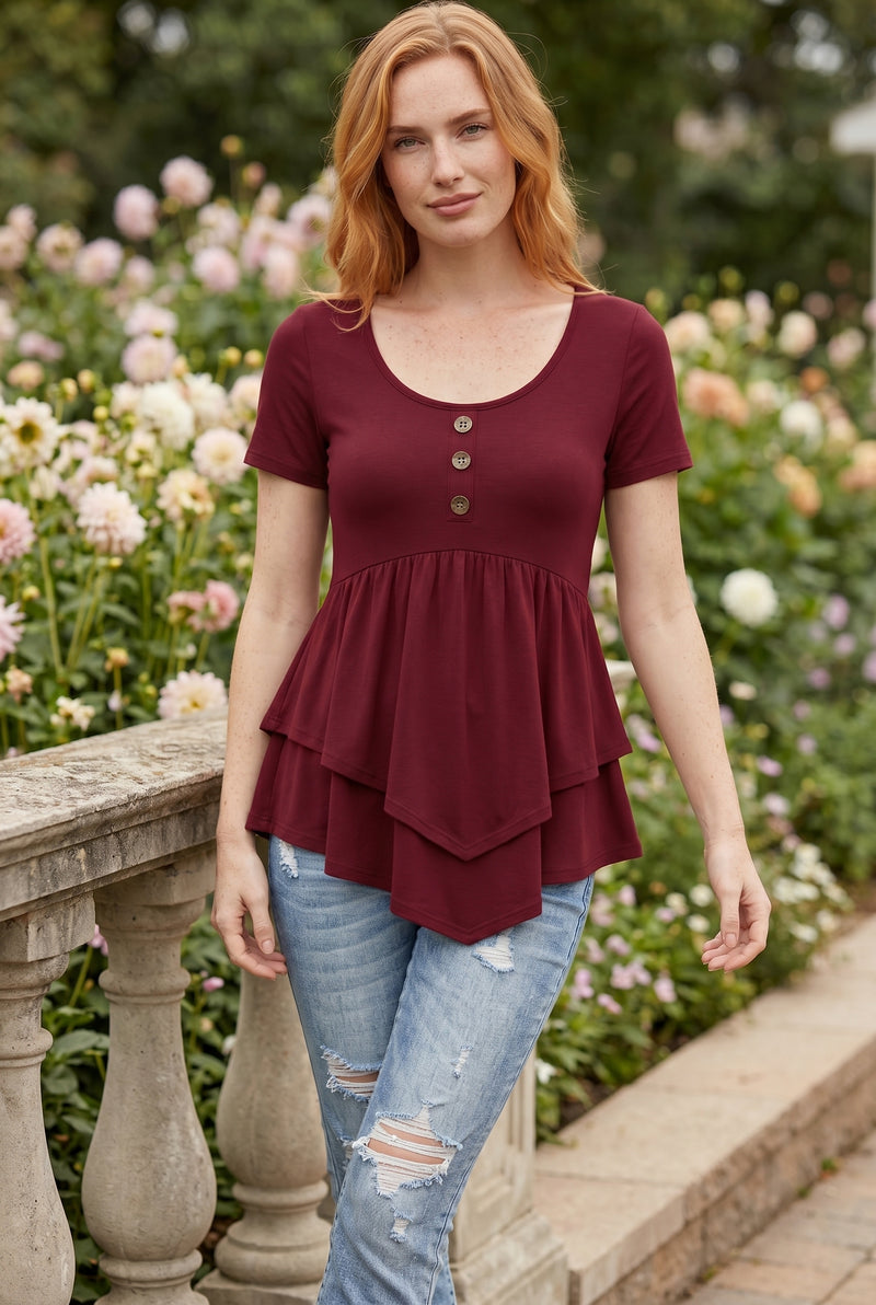 Short Sleeve Top with Asymmetric Tiered Hem in burgundy – photo 3