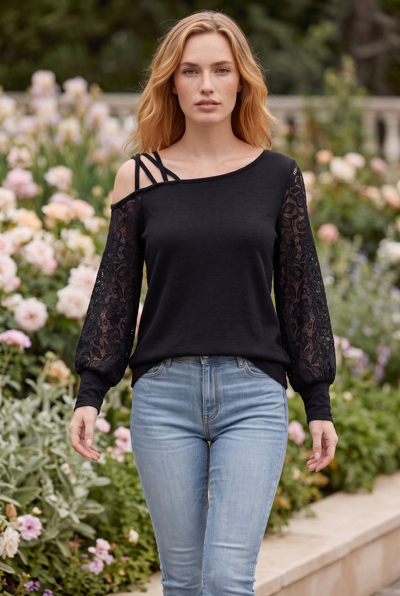 Schwarze Langarmbluse mit Spitze und One-Shoulder – Foto 3