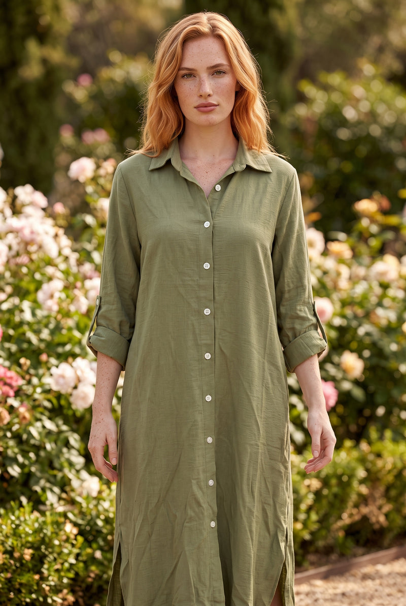 Lange Bluse mit Knopfleiste und Seitenschlitzen in Grün – Foto 5