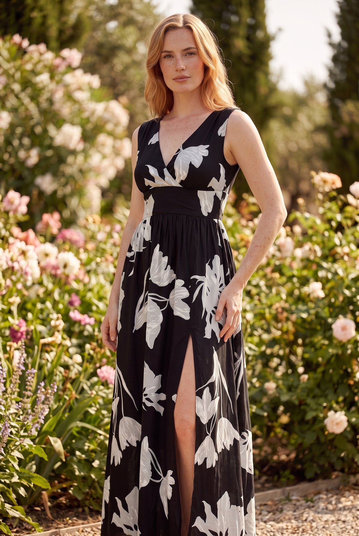 Schwarzes Maxikleid mit Blumenmuster und Schlitz – Foto 4