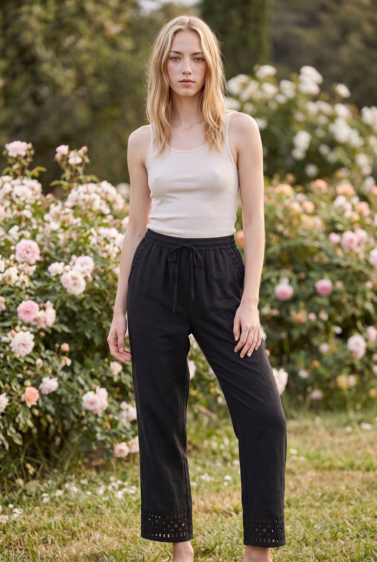 Black Elasticated Waist Linen Trousers with Lace Hem – photo 4