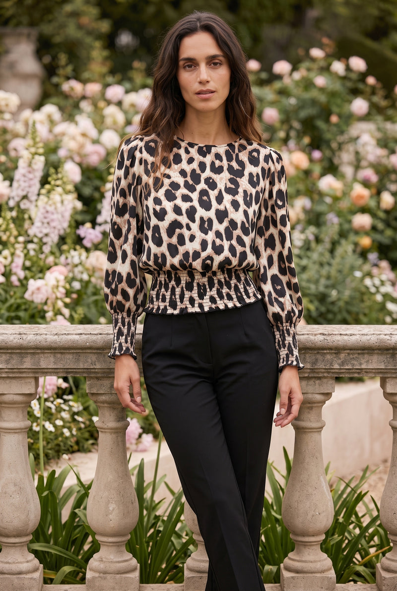 Leopard Print Long Sleeve Top with Smocked Waist
