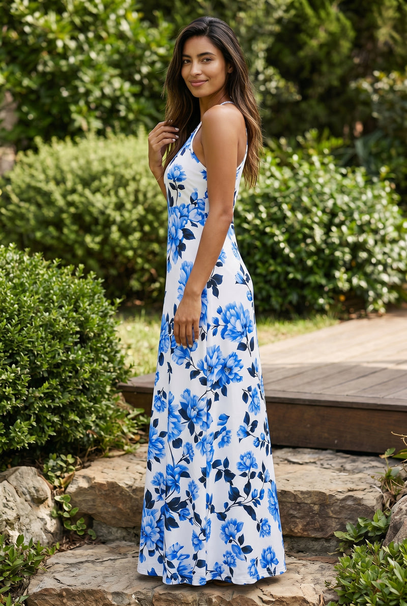 Robe longue fleurie dos nu en coton, coloris bleu – photo 2