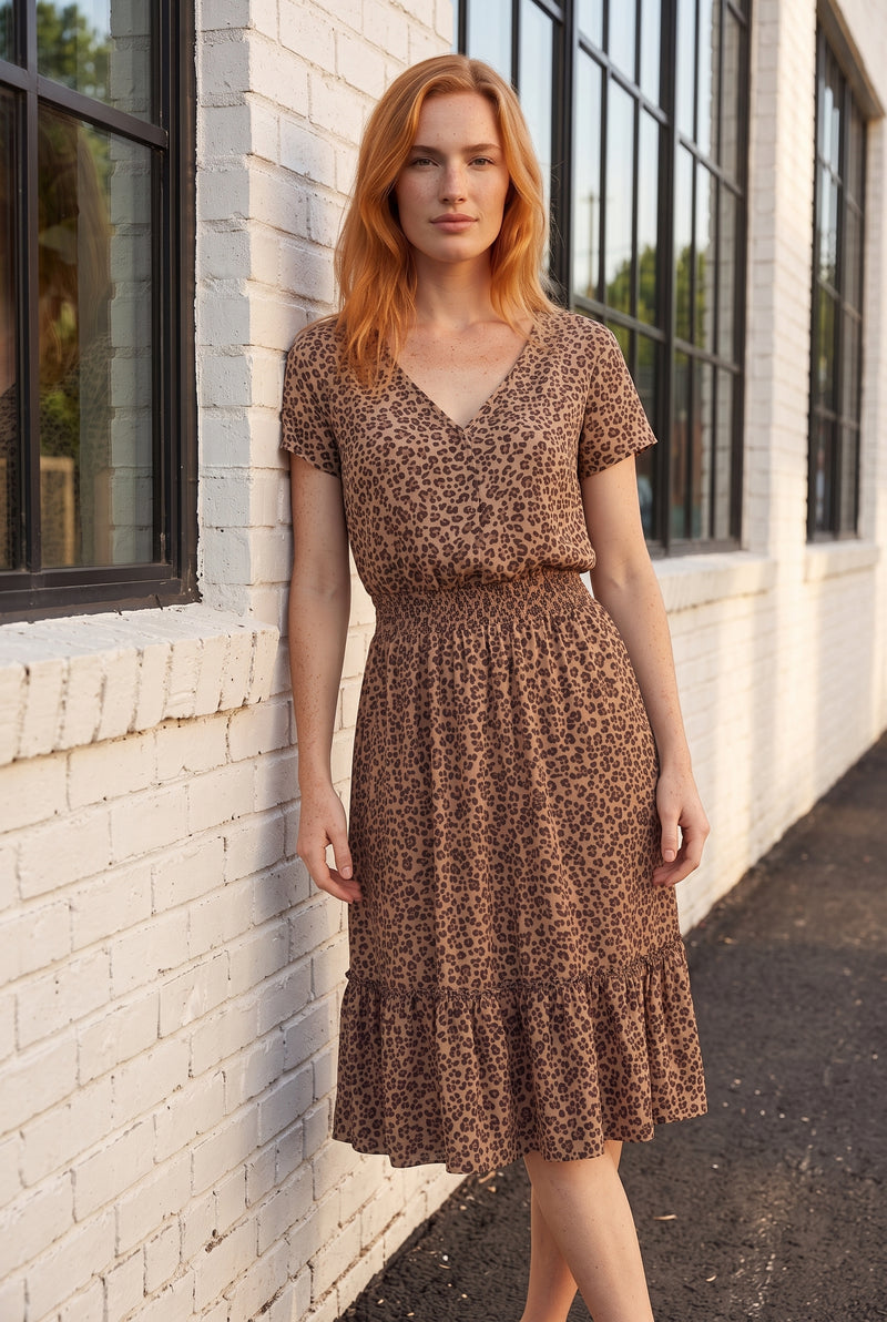 Leopard Print V-Neck Midi Dress with Short Sleeves
