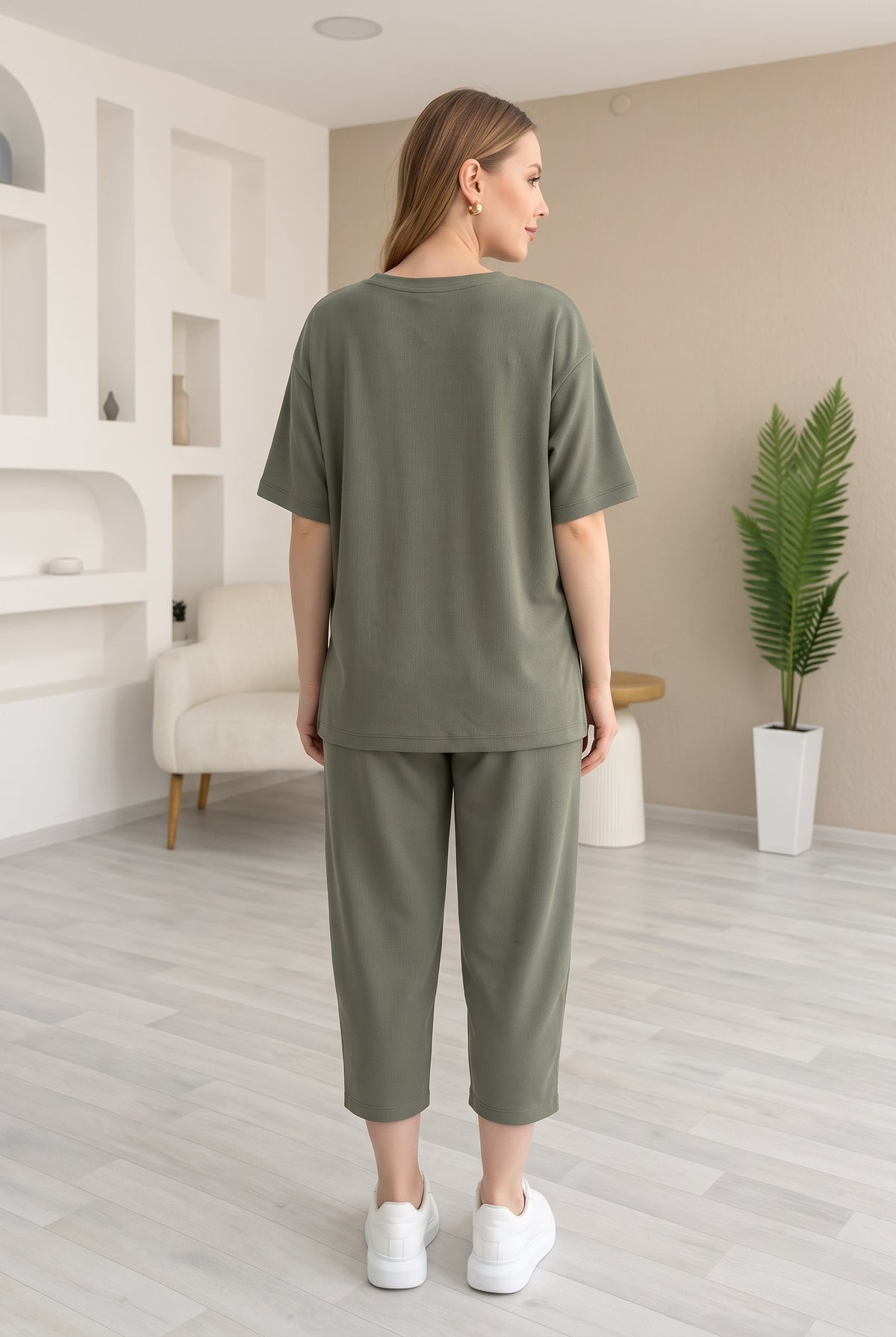 Short Sleeve Crew Neck Viscose Co-ord Set in khaki – photo 4