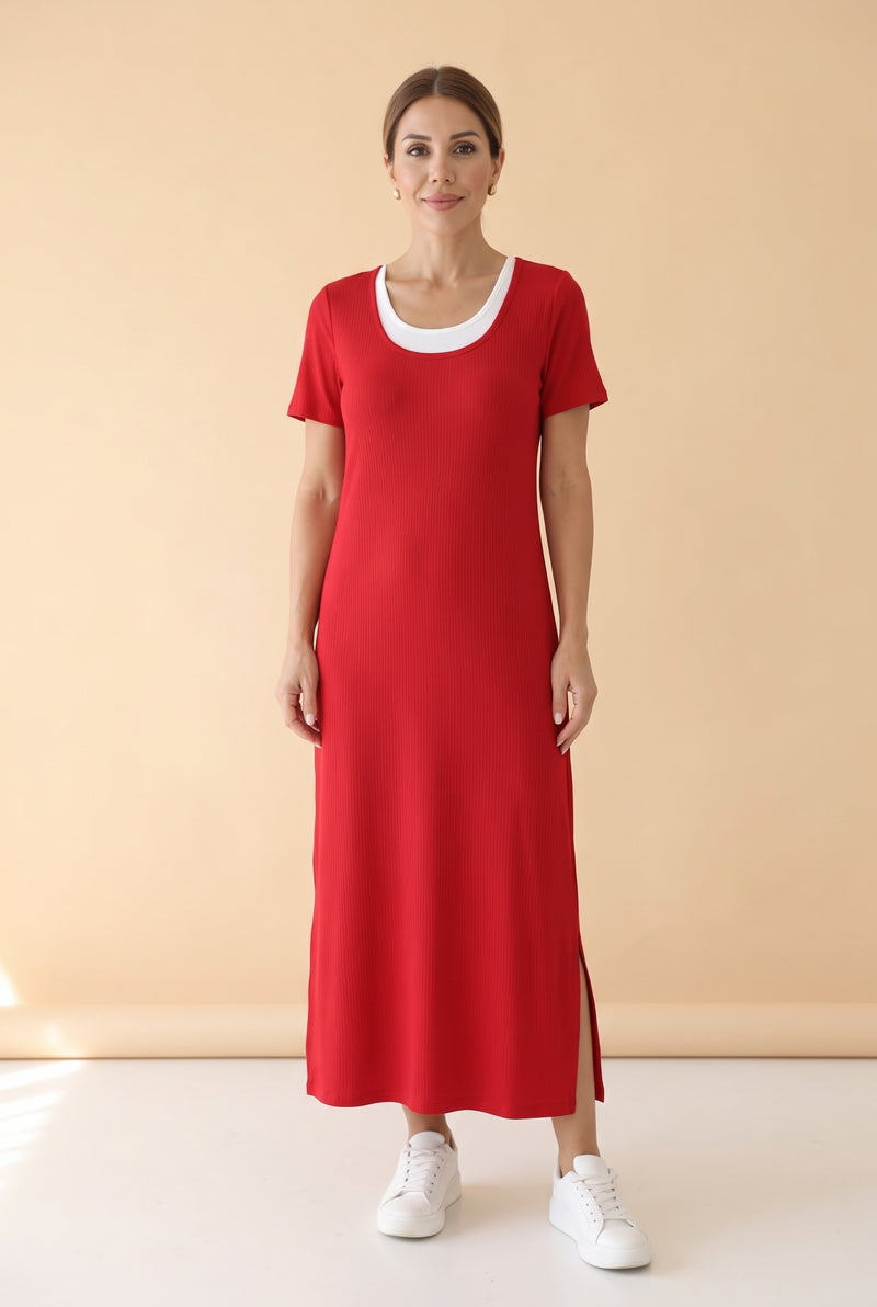 Short Sleeve Viscose Long Dress with Slit in red
