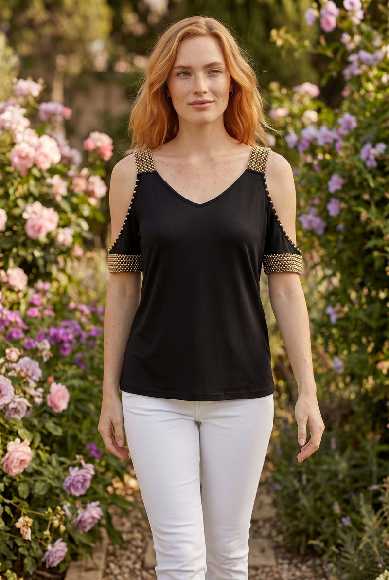 Embellished V Neck Off Shoulder Top in black – photo 3