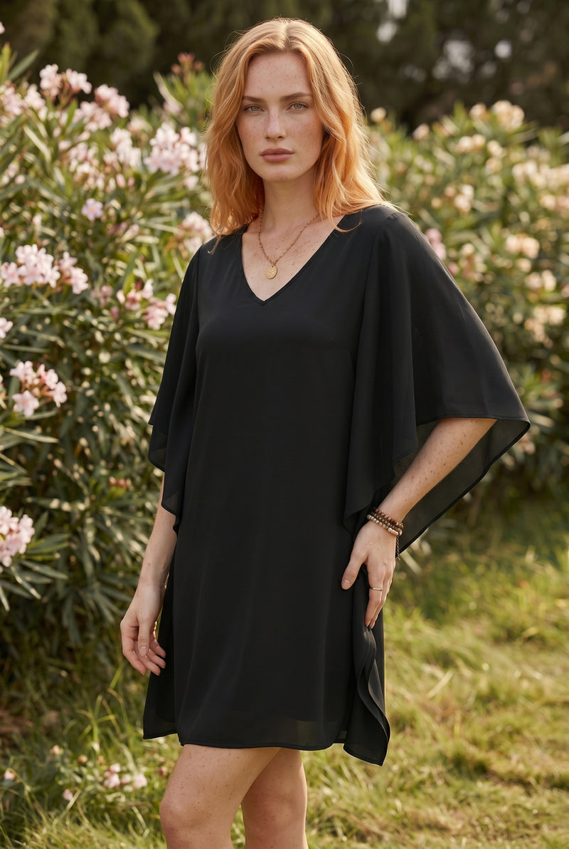 Robe courte noire à col V et manches à volants – photo 4