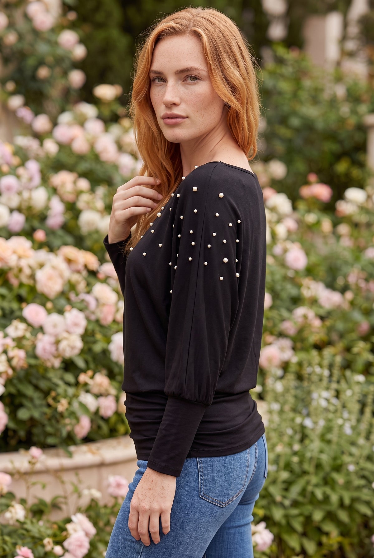 Black Long Sleeve Top with Pearl Embellishment – photo 2