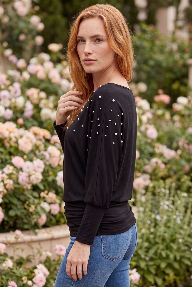 Black Long Sleeve Top with Pearl Embellishment – photo 2