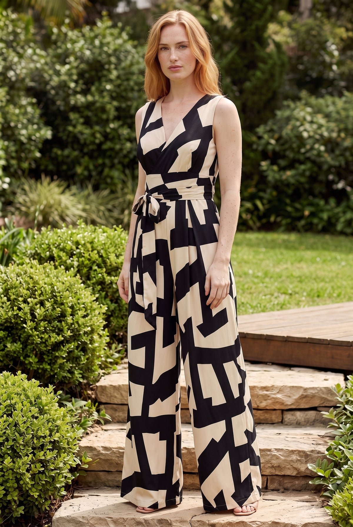 Printed Sleeveless Wrap Wide Leg Jumpsuit in black – photo 4