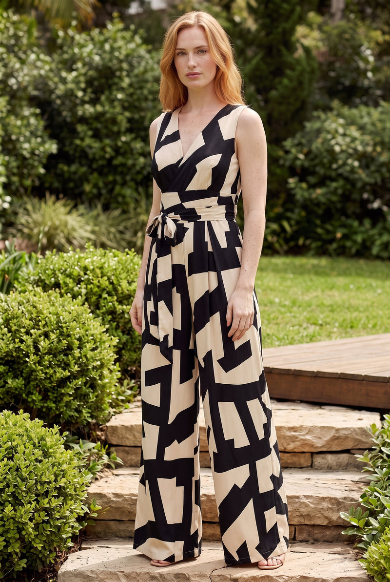 Printed Sleeveless Wrap Wide Leg Jumpsuit in black – photo 4