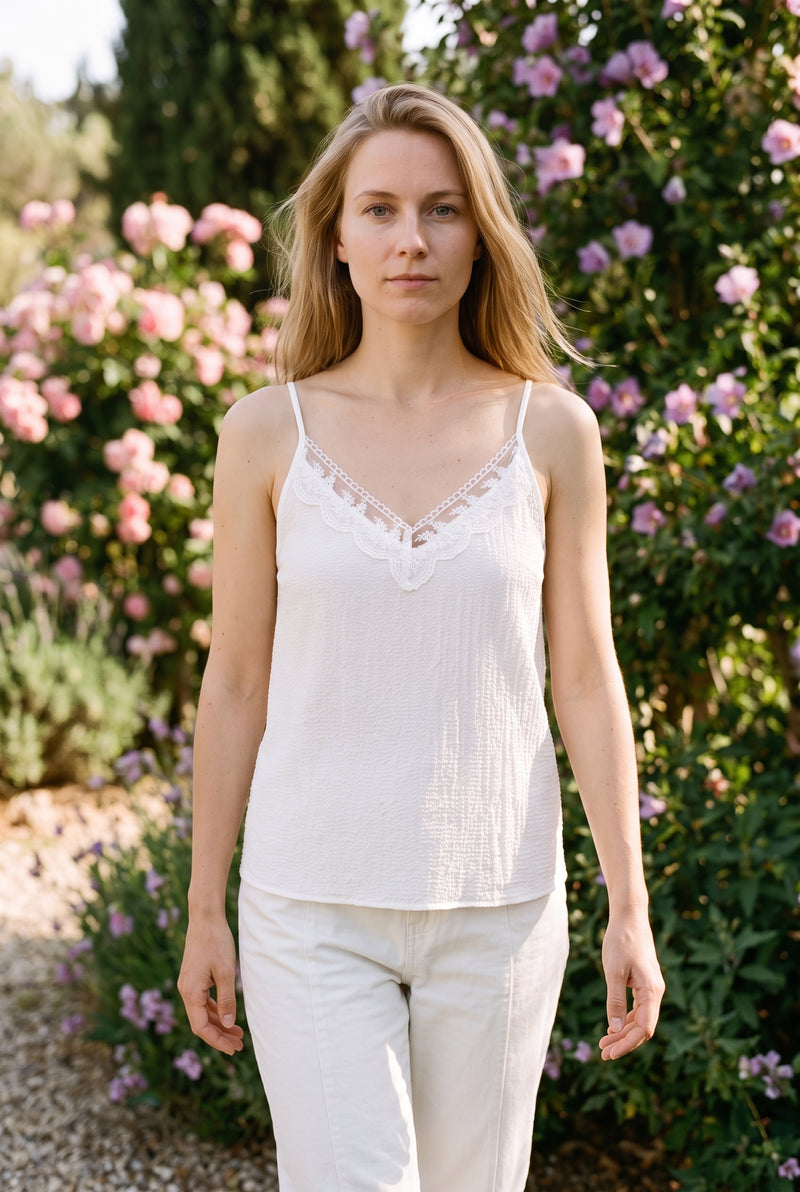 Lace Spaghetti Strap V Neck Muslin Top in white – photo 3