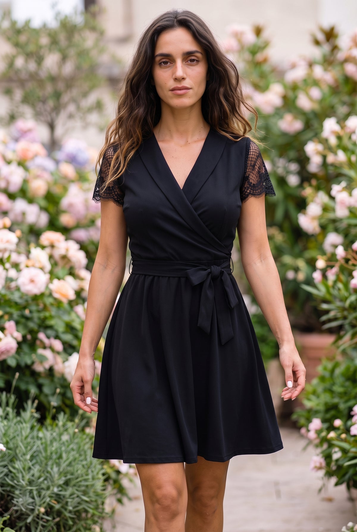 Robe courte noire à manches en dentelle et ceinture – photo 3