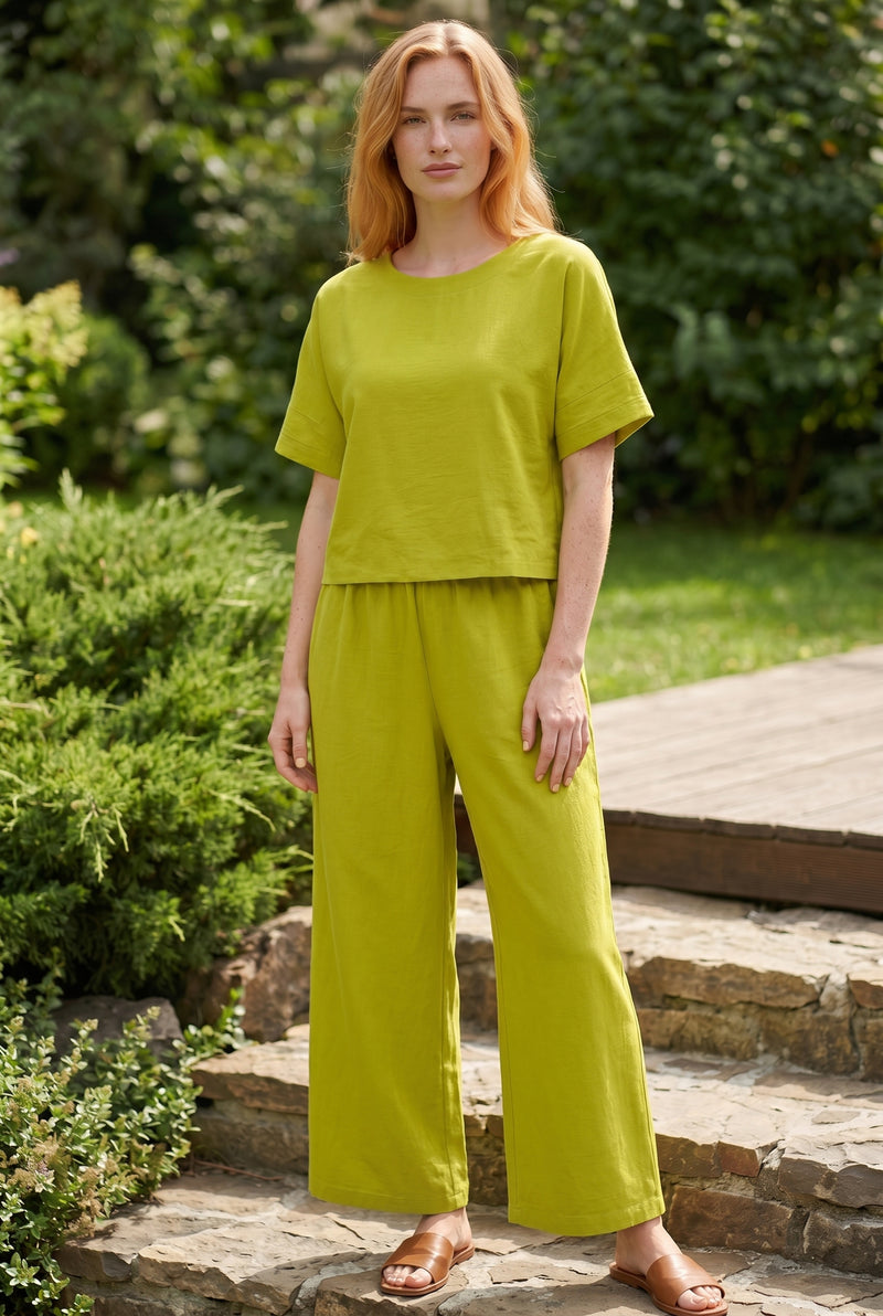 Short Sleeve Linen Co-ord Set with Wide Leg in green – photo 4
