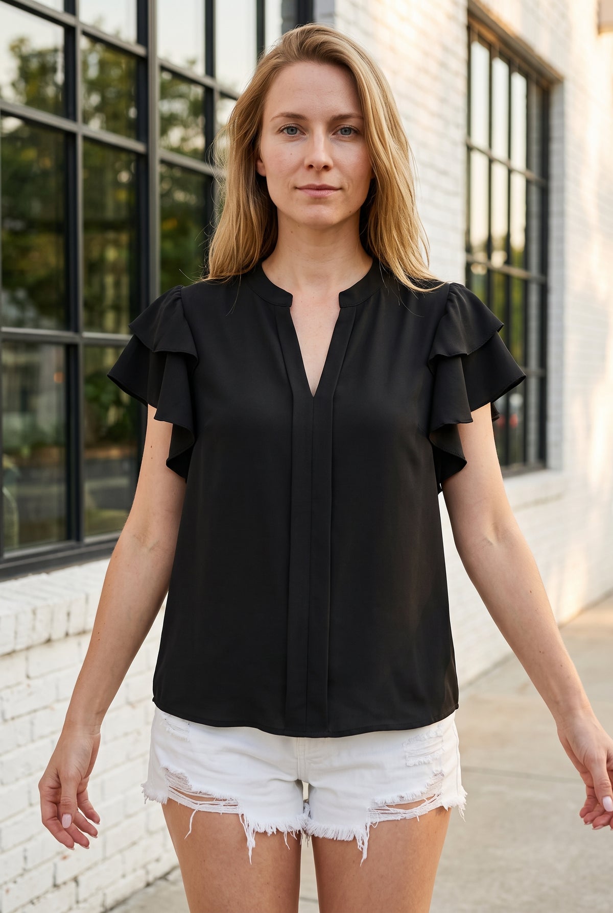 Ruffled Short Sleeve Collared Top in black – photo 5