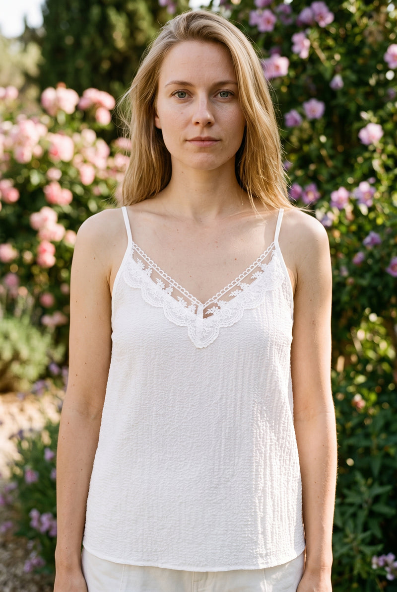 Lace Spaghetti Strap V Neck Muslin Top in white – photo 4