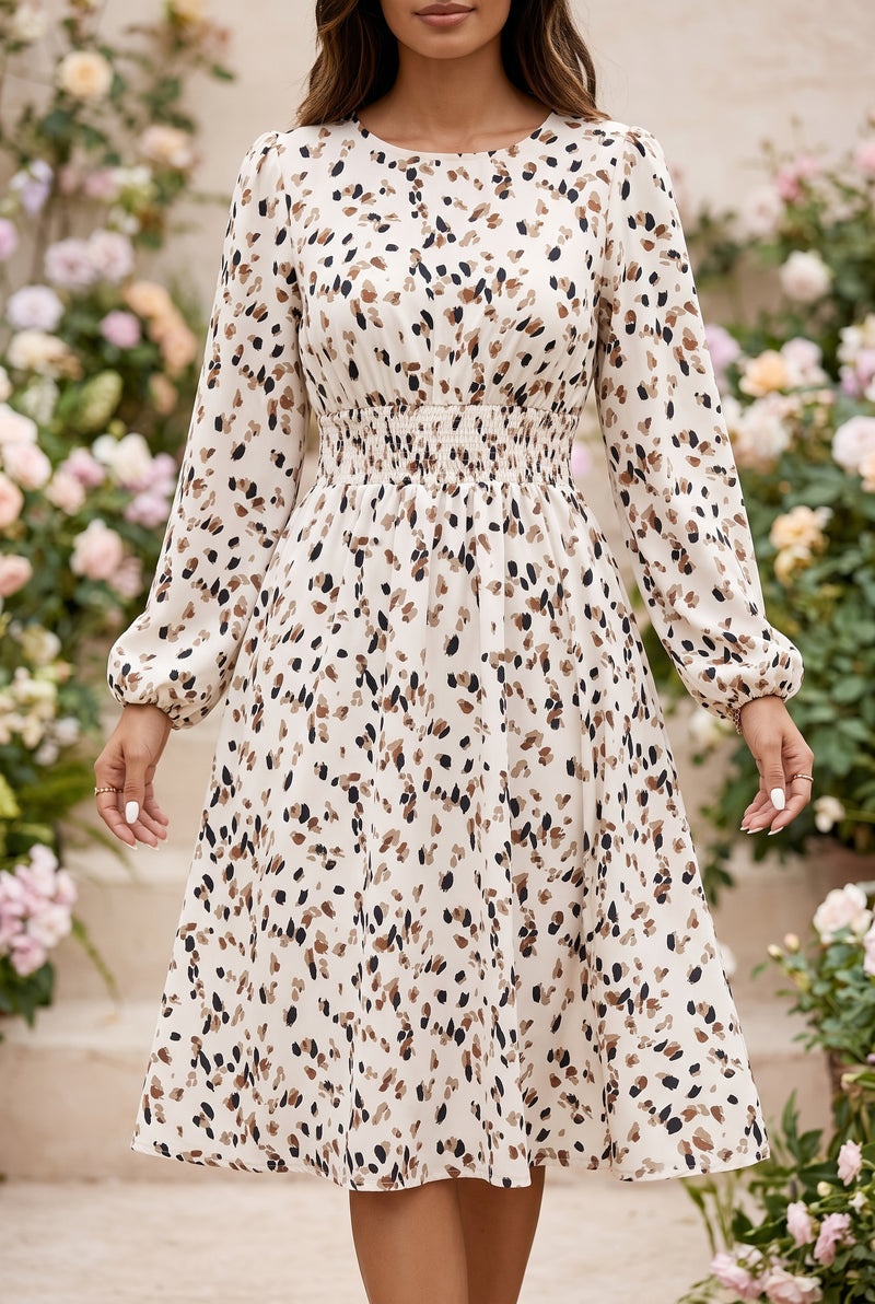 Leopard Print Long Sleeve Midi Dress in beige – photo 5