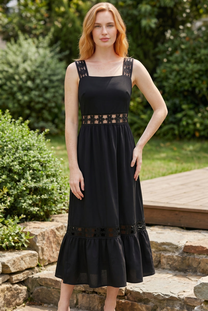 Black Midi Dress with Square Neck and Lace Inserts – photo 3