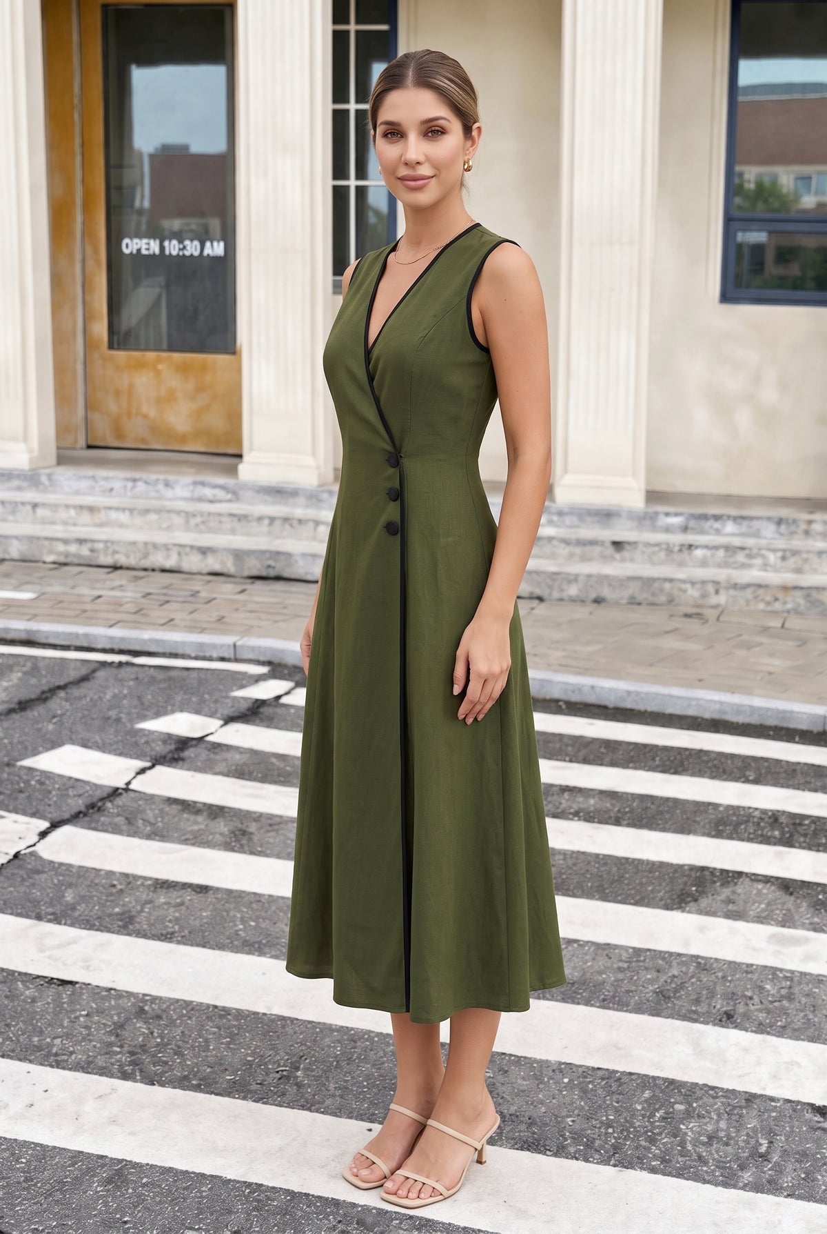 Sleeveless Linen Wrap Midi Dress with Contrast Piping in green – photo 2