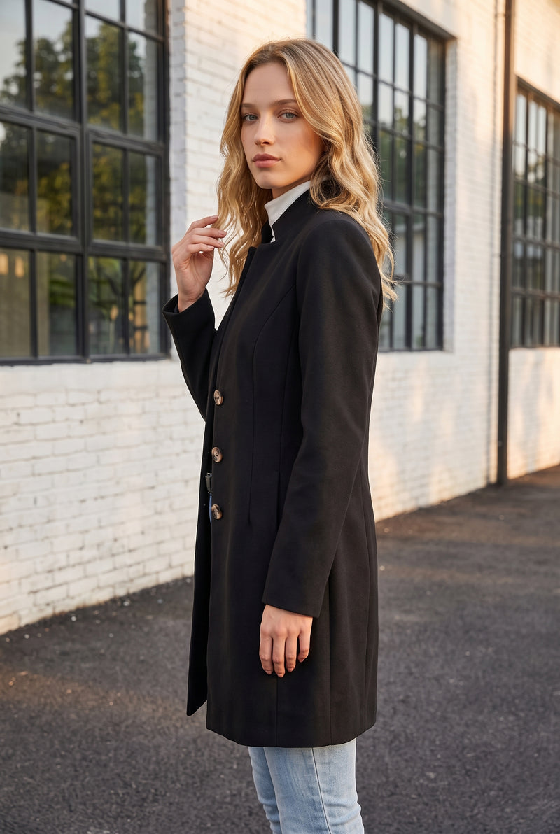Black Buttoned Coat with Mandarin Collar and Long Sleeves – photo 2