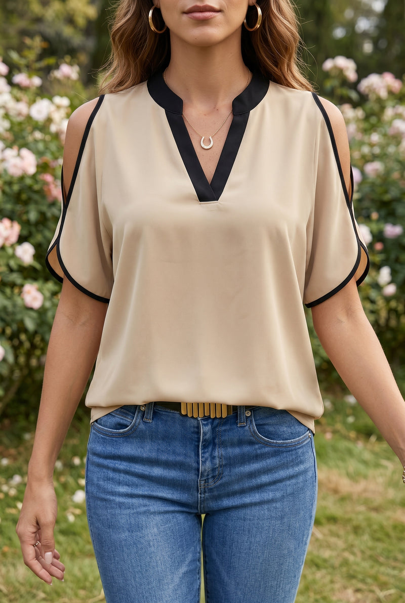 Short Sleeve V Neck Crepe Top with Cutouts in beige – photo 4