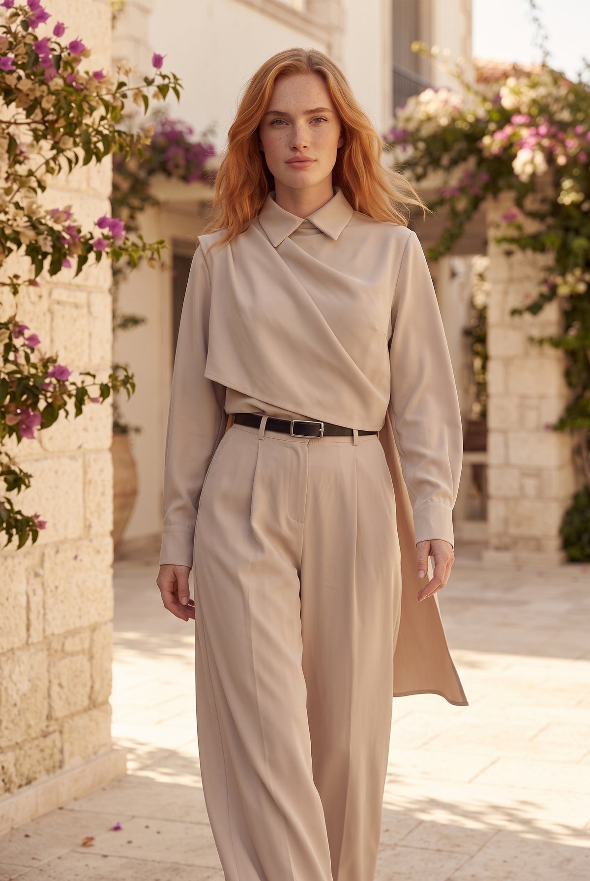 Langarm Leinen Set mit Wickeldetail in Beige – Foto 3