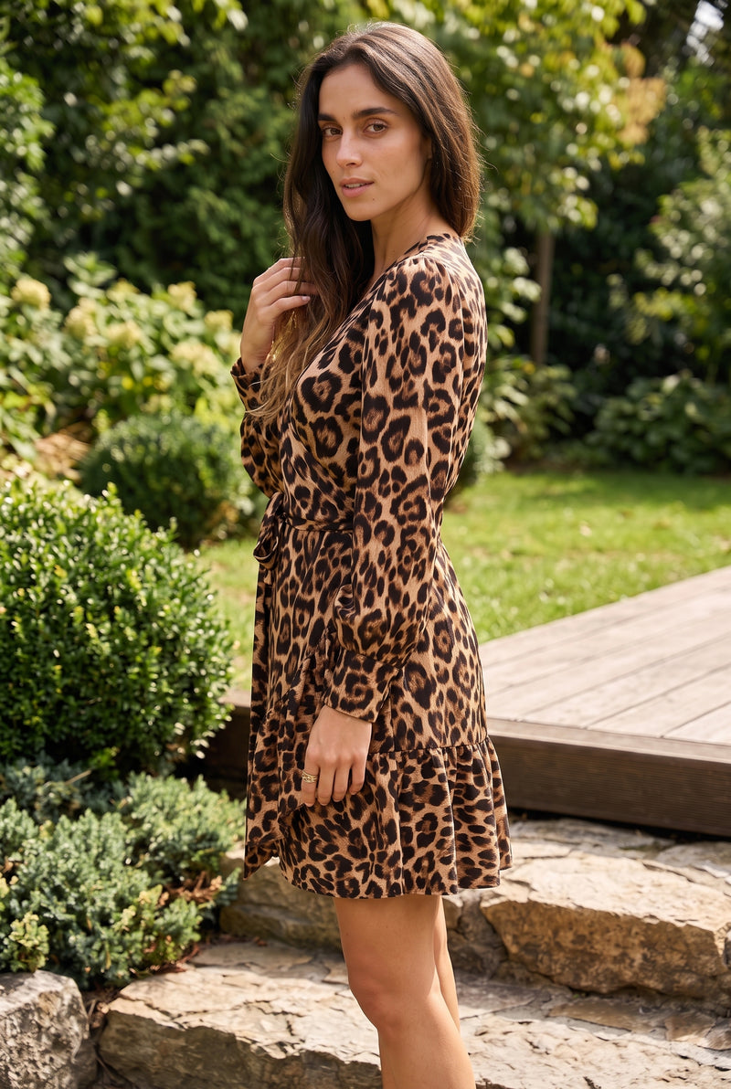 Leopard Print Wrap Mini Dress with Ruffled Hem – photo 2